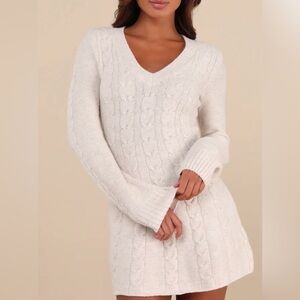 Lulus Snuggly Chic Beige Cable Knit Long Sleeve Sweater Mini Dress